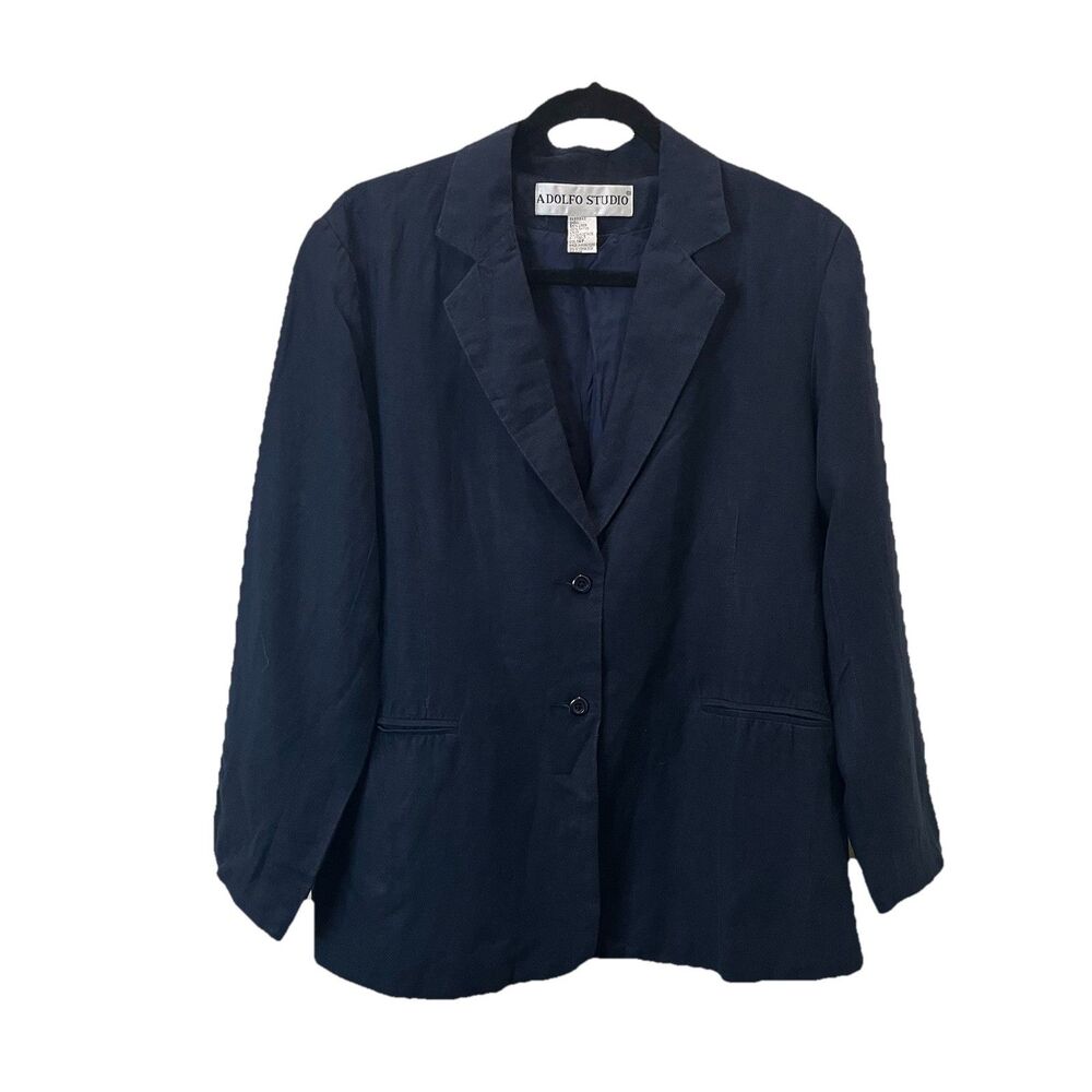 Adolfo Studio Navy Blazer Jacket Womens Size 14P Long Sleeve Linen Blend Career